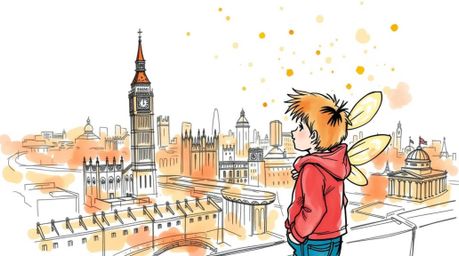 A vibrant hand-drawn sketch in a color sketchnote style depicts a young boy soaring above London, empowered by magical pixie 