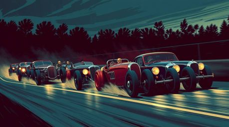 A captivating digital artwork showcases a sophisticated and elegant depiction of a wacky racing scene. Featuring outlandish c