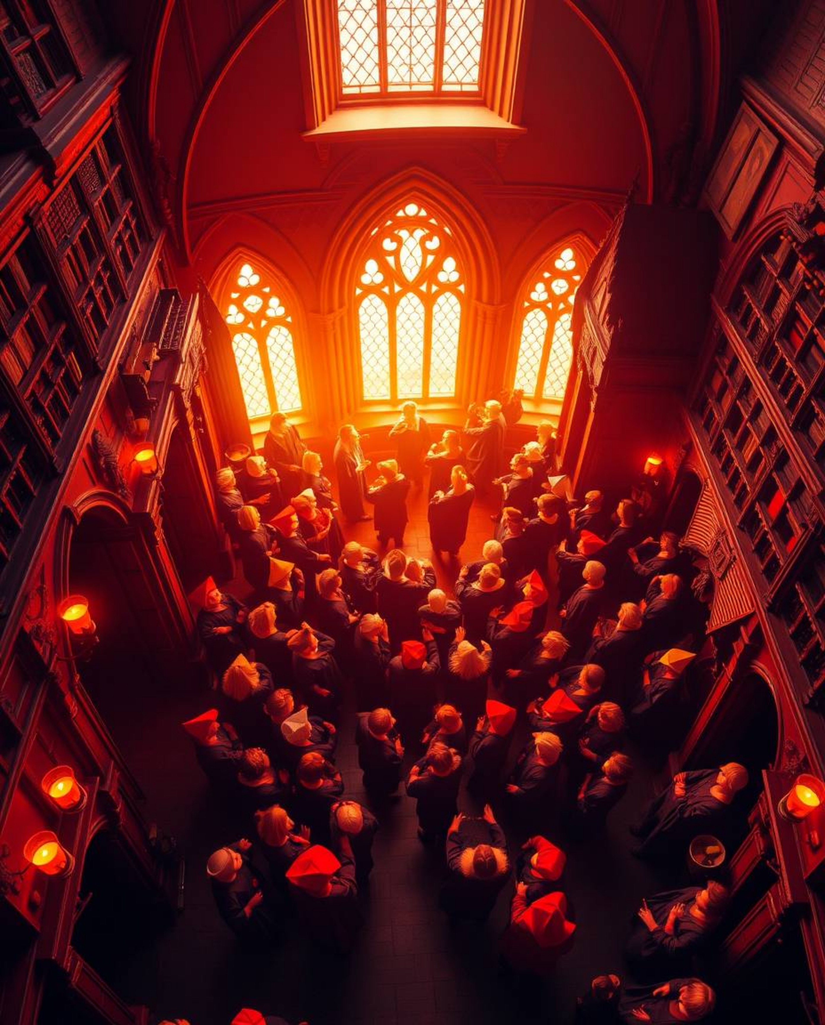 A captivating high-angle shot reveals a magical school brimming with young wizards, bathed in warm, inviting light.  Reds, or