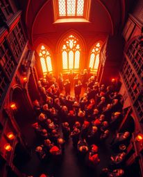 A captivating high-angle shot reveals a magical school brimming with young wizards, bathed in warm, inviting light. Reds, or