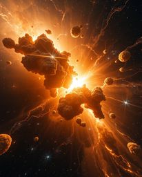 Witness the awe-inspiring spectacle of colliding galaxies in a cosmic explosion, radiating a warm and luxurious golden glow. 