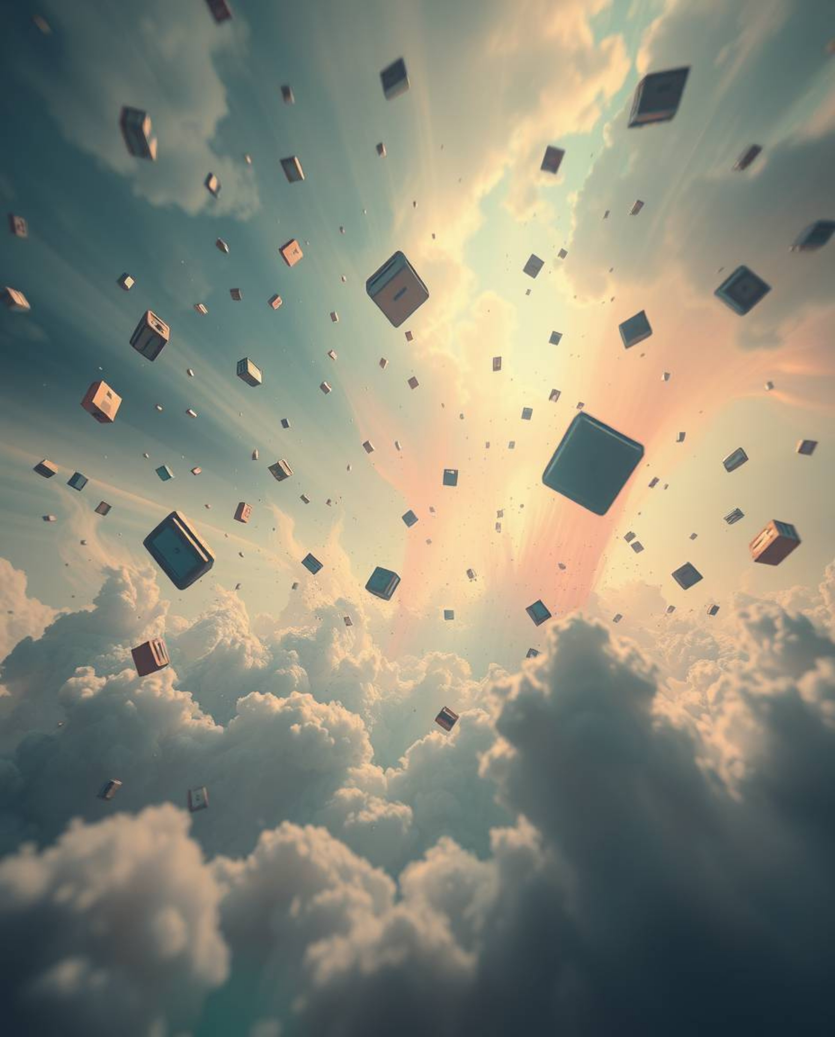 Experience a surreal storm filled with flying objects and defying gravity, all rendered in soft pastel colors. A bright lens 