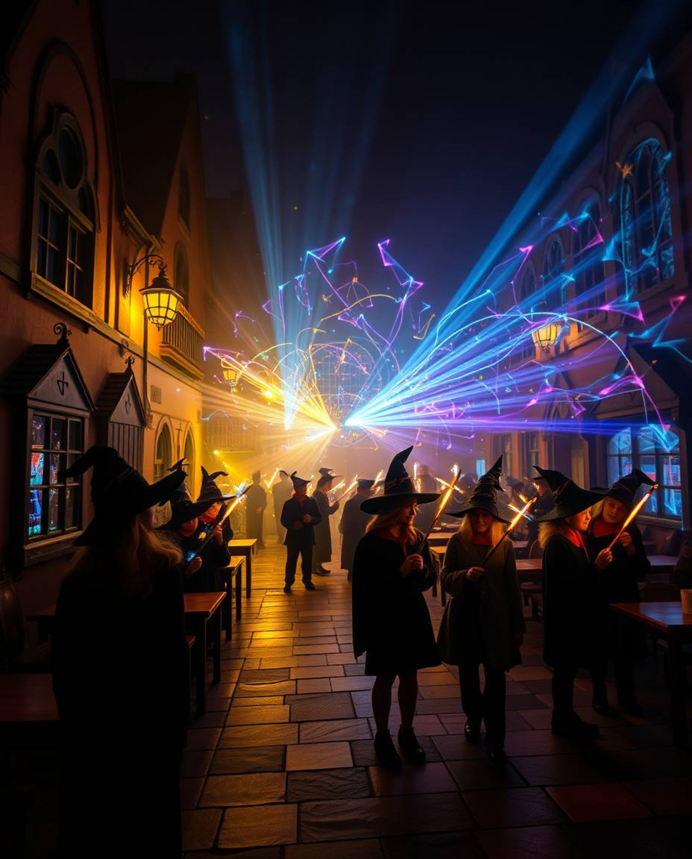 Step into a magical school filled with young wizards, where creative light art illuminates abstract patterns and vibrant colo