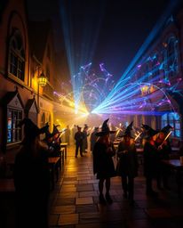 Step into a magical school filled with young wizards, where creative light art illuminates abstract patterns and vibrant colo