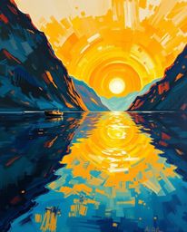 A bold acrylic painting of a glassy fjord reflecting a warm golden sunset glow. Luxurious, vibrant colors radiate throughout 