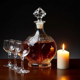 A luxurious scene featuring a rich, amber-colored aged whiskey in an ornate glass decanter. The decanter, adorned with intric