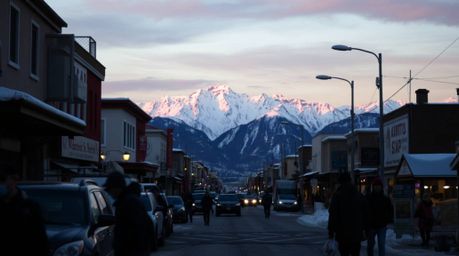 A captivating street photograph showcasing snow-covered mountains illuminated by a pastel sunset, blending urban scenes with 