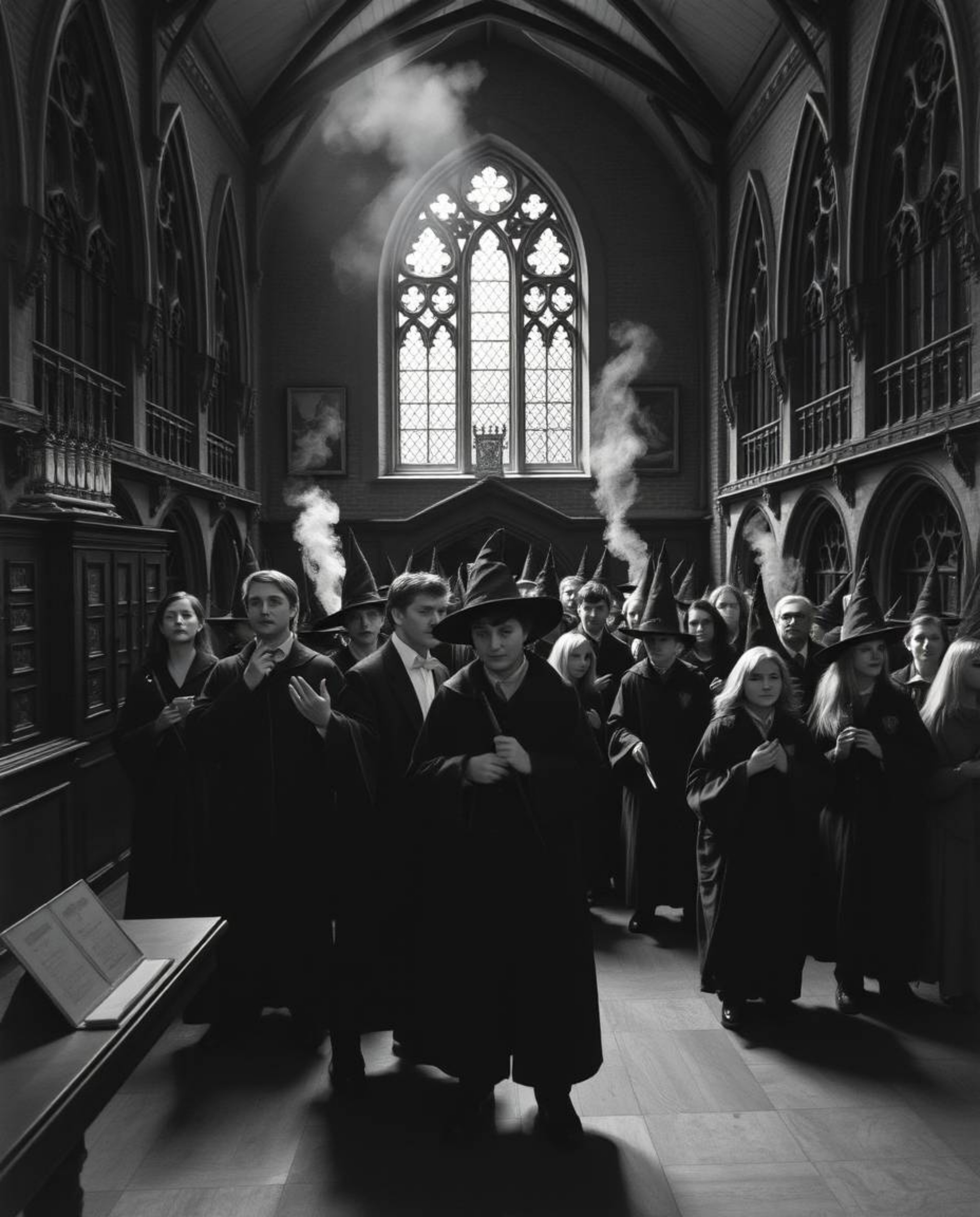 A classic black and white photograph captures the timeless elegance of a magical school brimming with young wizards. The imag
