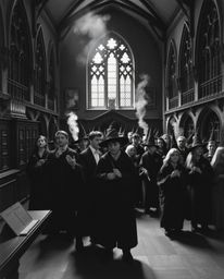 A classic black and white photograph captures the timeless elegance of a magical school brimming with young wizards. The imag