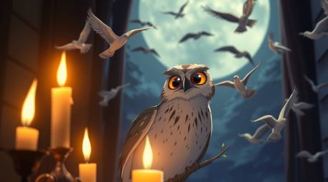 A heartwarming depiction of a blind owl in an Isekai anime style, reminiscent of Pixar animation, teaching birds how to fly. 