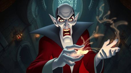 A captivating image depicting a classic Disney villain with pale skin and sharp features, casting a spell within an old, impo