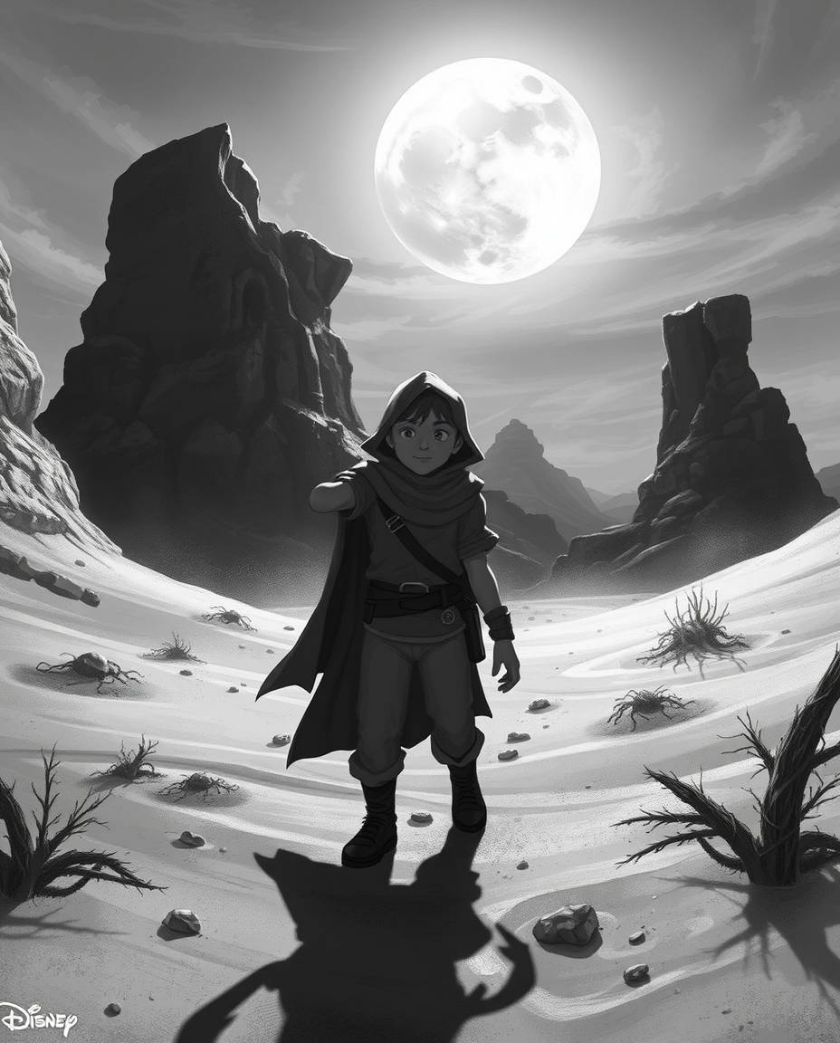 Embark on a thrilling desert adventure with a brave Disney-style hero. This classic black and white film creates an eerie and