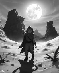 Embark on a thrilling desert adventure with a brave Disney-style hero. This classic black and white film creates an eerie and