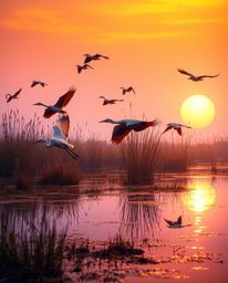A captivating golden hour wetlands scene with herons in flight, uniquely rendered in a stunning palette of iridescent colors.
