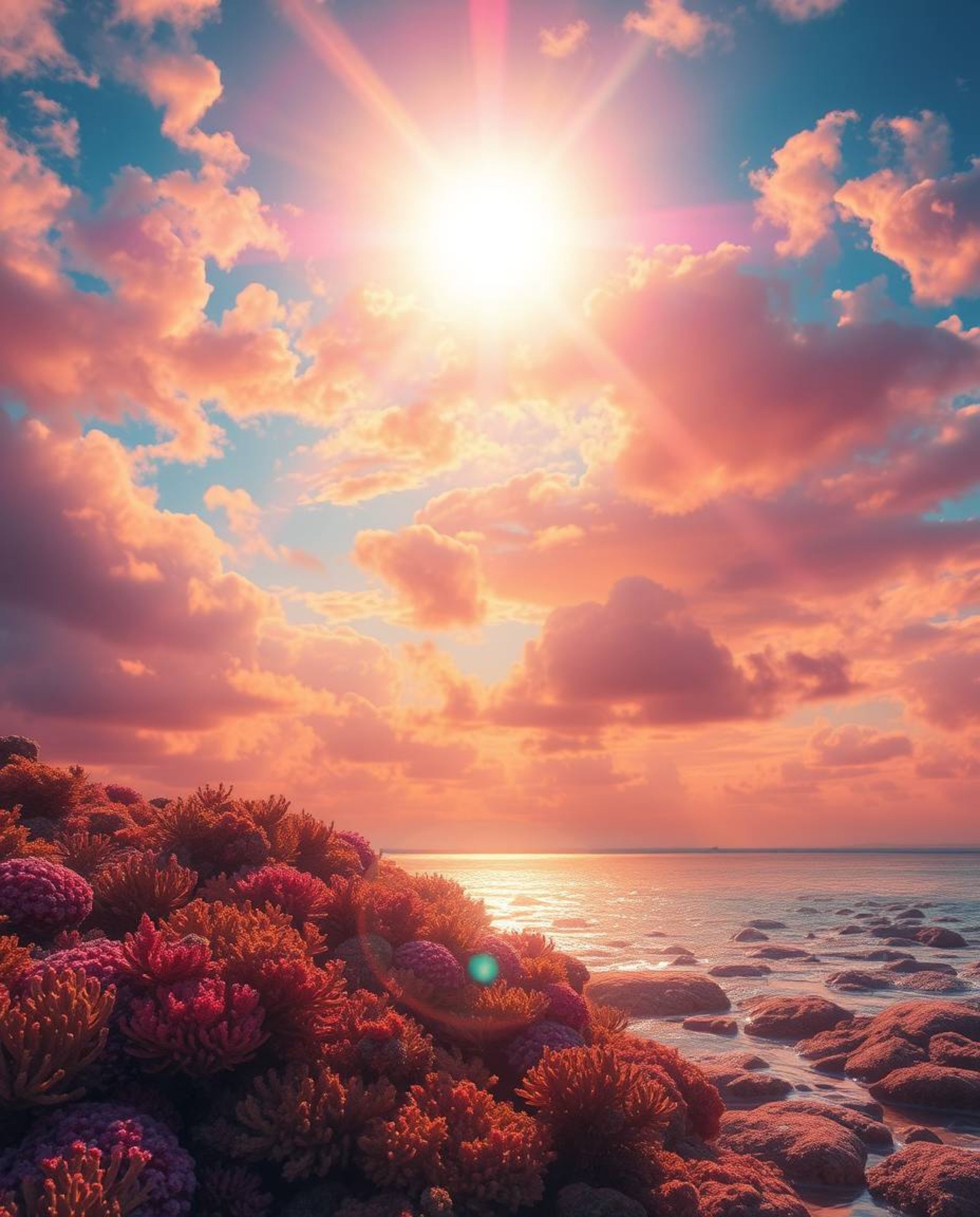 A vibrant digital painting depicts a colorful sky over a coral reef at low tide, featuring a bright lens flare that casts bea