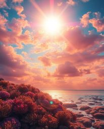 A vibrant digital painting depicts a colorful sky over a coral reef at low tide, featuring a bright lens flare that casts bea