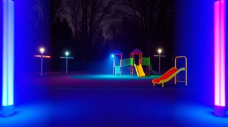 Experience a dramatic slow-motion journey through a vibrant playground, bathed in electric colors and a soft, mystical aura. 