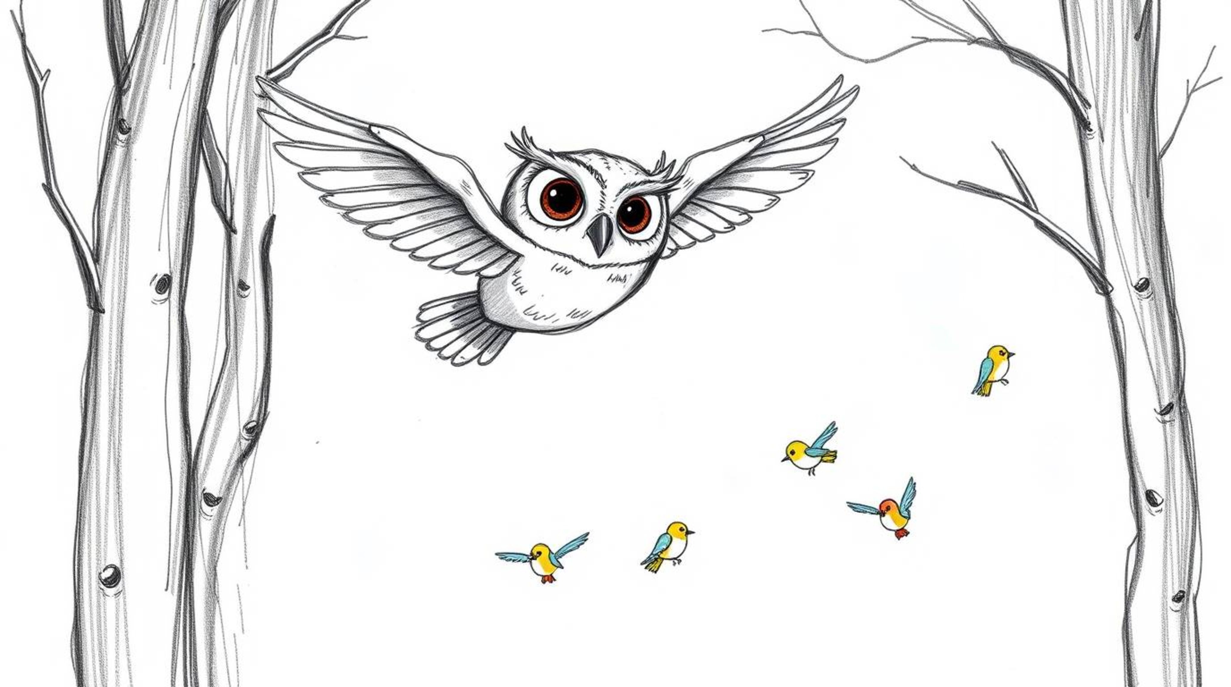 A heartwarming hand-drawn illustration in the style of Pixar depicts a wise, blind owl gliding gracefully between trees, guid