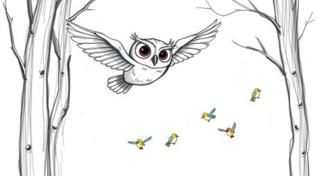 A heartwarming hand-drawn illustration in the style of Pixar depicts a wise, blind owl gliding gracefully between trees, guid