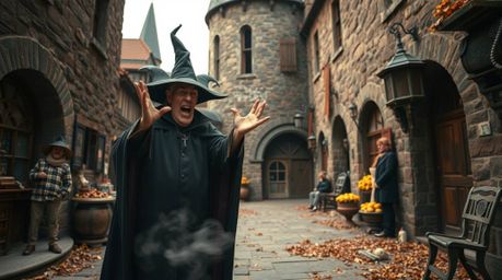 A captivating street photography image captures a classic Disney villain casting a spell within the warm, earthy embrace of a
