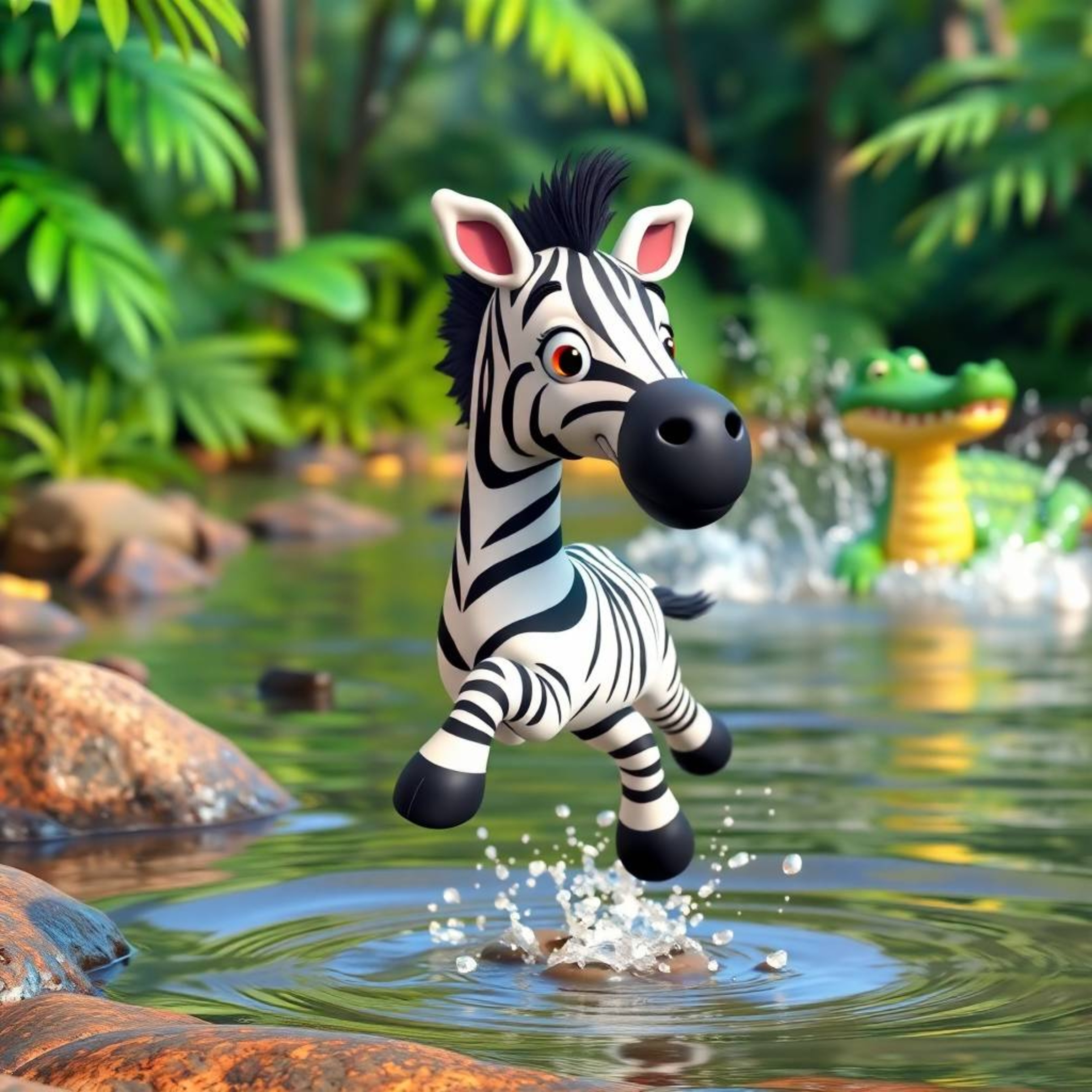 High-resolution stock photo featuring a charming 3D cartoon zebra with expressive eyes and a welcoming smile, joyfully leapin