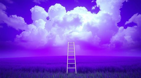 A dreamy and minimalist scene unfolds in deep ultraviolet hues, featuring a silver ladder standing in an open field beneath a