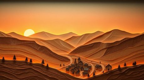 Discover a captivating layered papier-mâché artwork depicting a cozy village nestled in a picturesque valley.  Bathed in the 