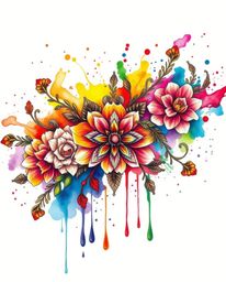 A traditional tattoo-style art print featuring colorful watercolor splashes blending beautifully on paper.  The design boasts