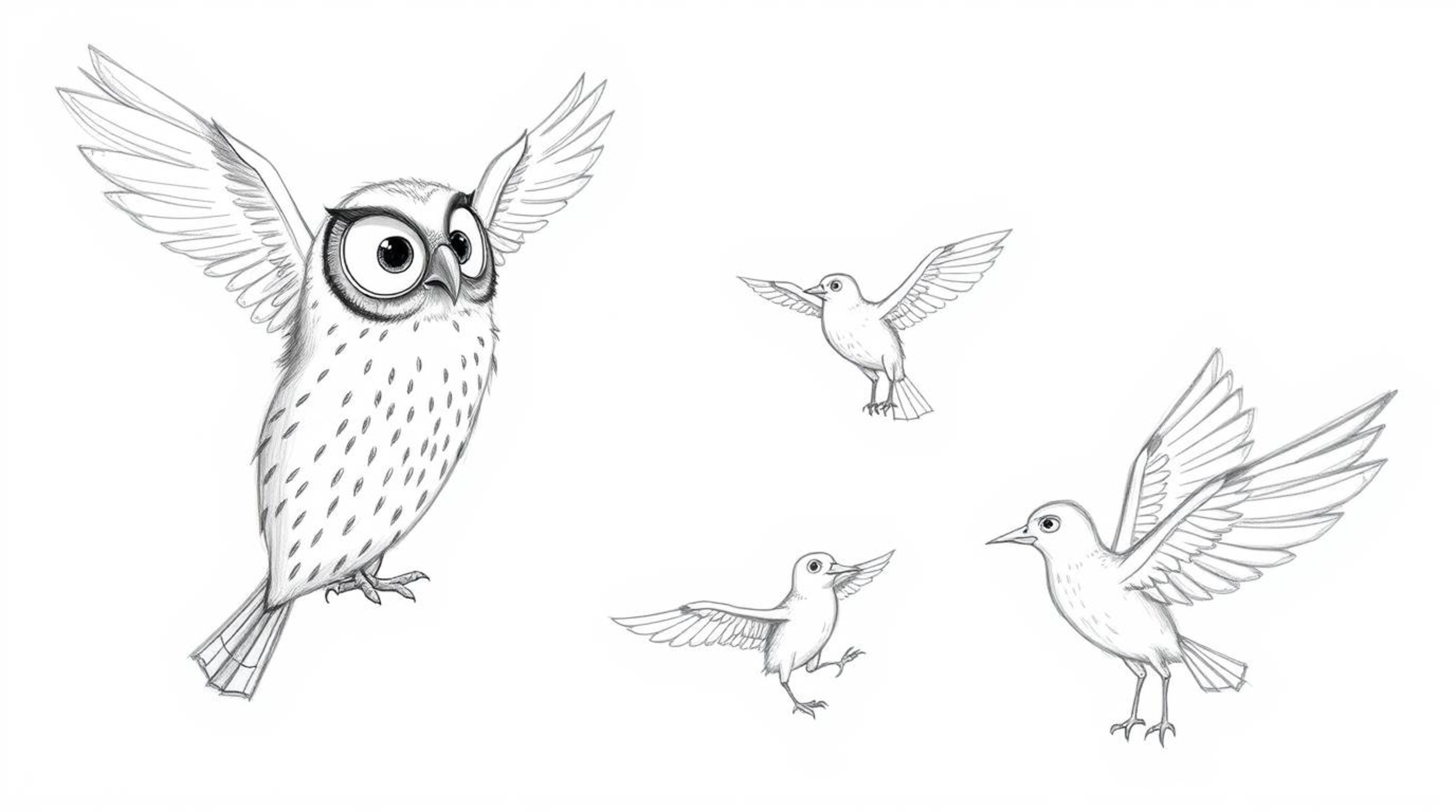 A heartwarming hand-drawn sketch in the style of Pixar, depicts a blind owl with large, expressive eyes passionately teaching