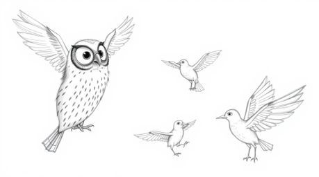 A heartwarming hand-drawn sketch in the style of Pixar, depicts a blind owl with large, expressive eyes passionately teaching