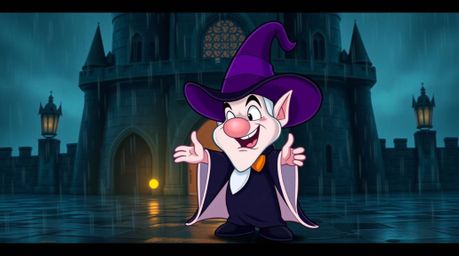 A captivating image of a charming yet cute classic Disney villain casting a spell within the atmospheric confines of an old c