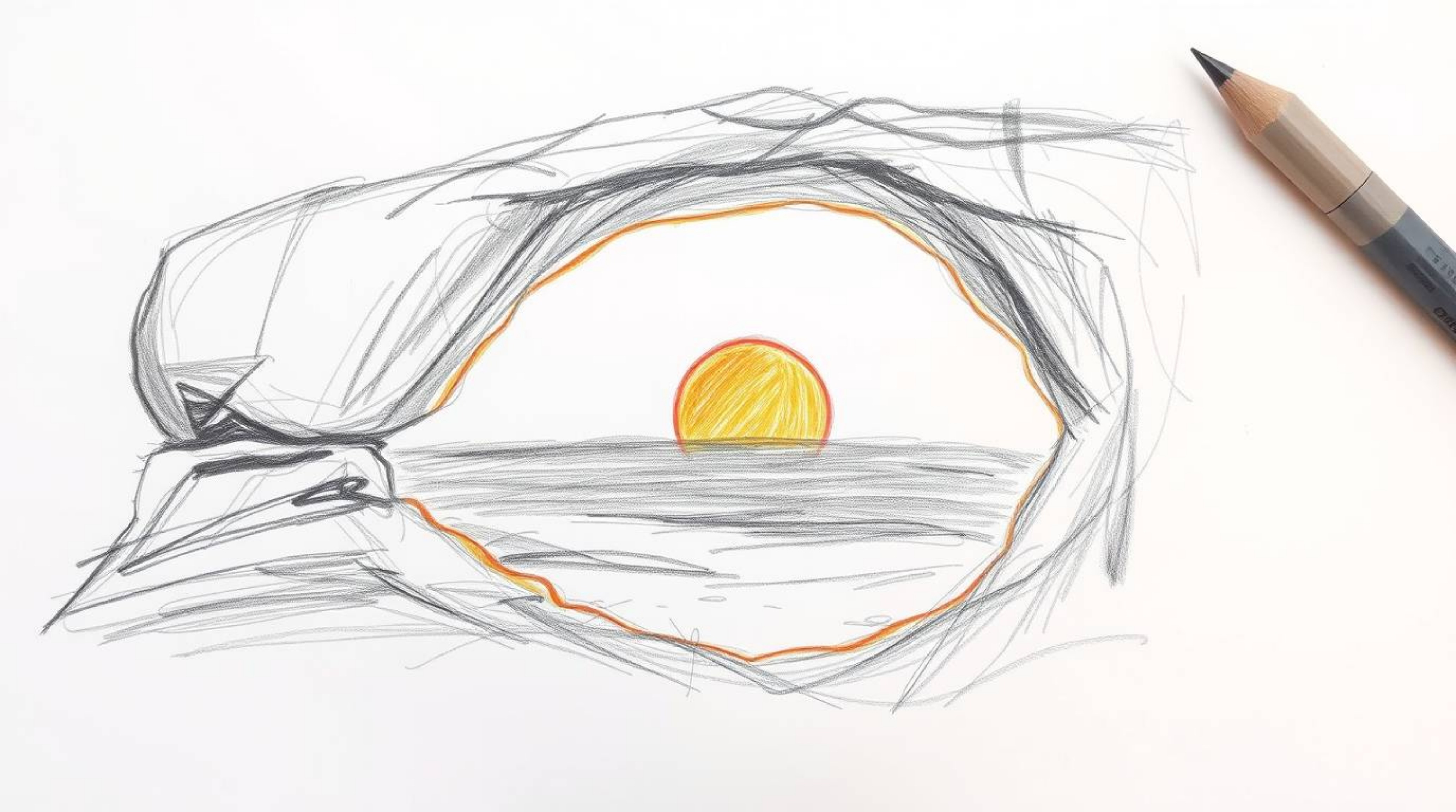 A hand-drawn sketch capturing the beauty of a sunset viewed through a natural desert rock arch.  The artwork features rough, 