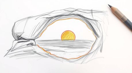 A hand-drawn sketch capturing the beauty of a sunset viewed through a natural desert rock arch.  The artwork features rough, 