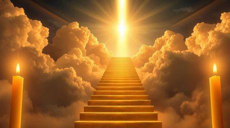 A captivating digital painting showcases a golden staircase ascending through ethereal clouds towards a radiant heaven. Sunli
