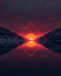 An inspired logo reflecting a sunset in a glassy fjord, rendered in surreal infrared tones. The design uses geometric shapes 
