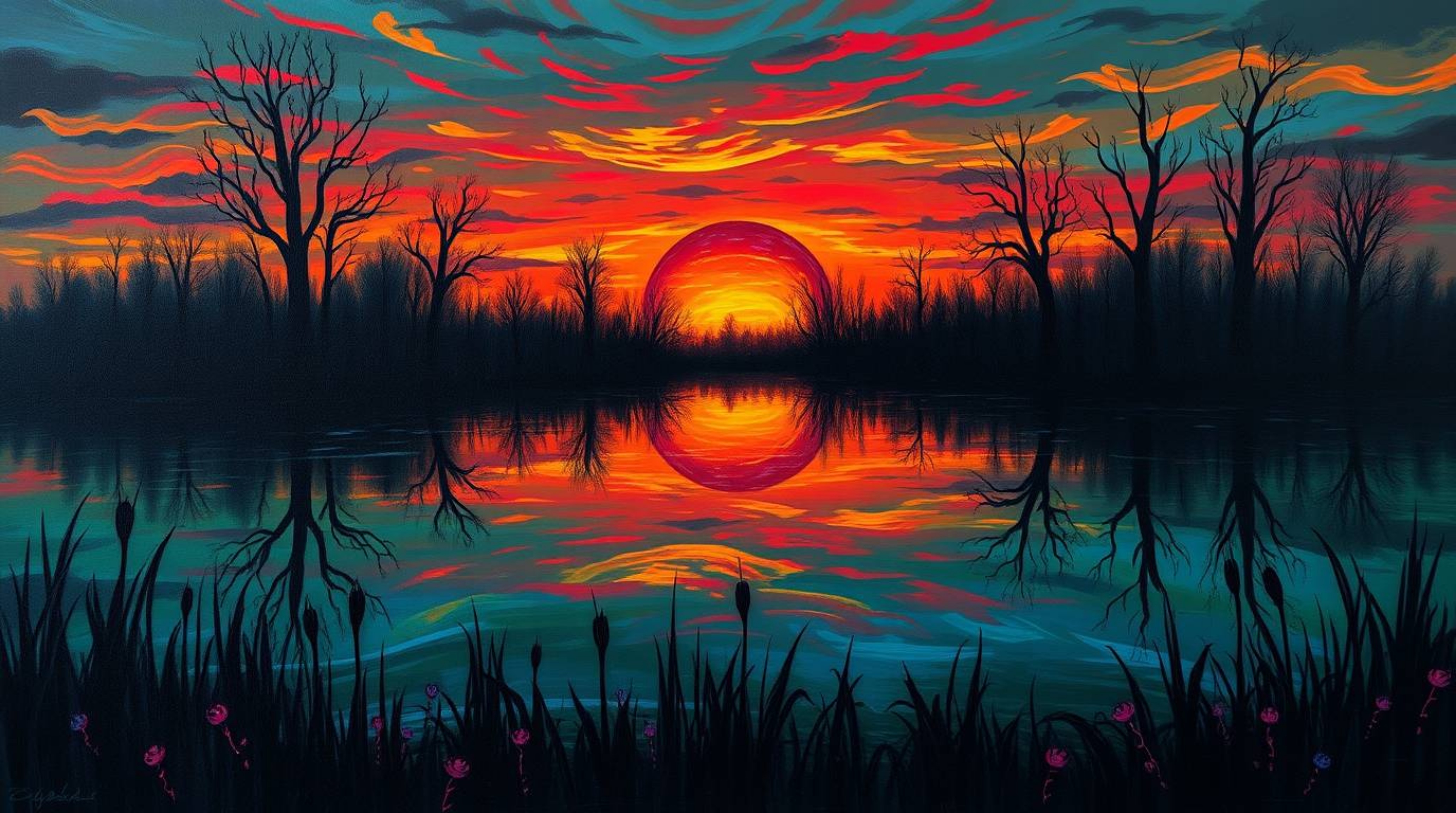 Immerse yourself in an eerie yet captivating oil painting depicting a colorful sunset reflected in a calm pond. The artwork m