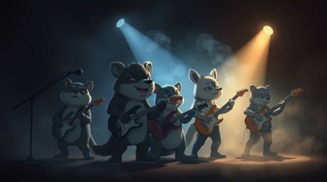 A captivating image showcasing a band of cartoon animals performing rock music.  The artwork features a strong, moody style w