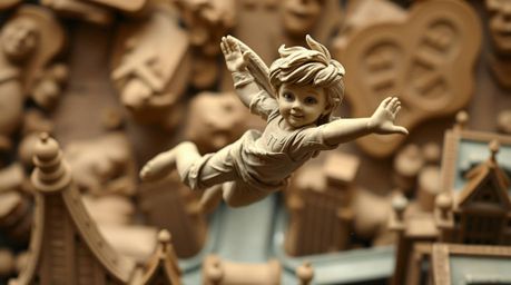 This artwork captures a moment of pure joy and wonder, depicting a young boy soaring above London with the aid of pixie dust.