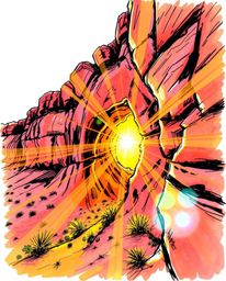 A bright, hand-drawn sketch in a colorful sketchnote style depicts a sunset illuminating sandstone cliffs. The artwork is fil