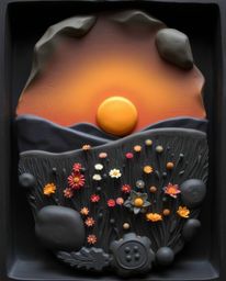 A moody, sculptural clay art piece depicting a serene spring sunset over a wildflower meadow. This artwork is characterized b