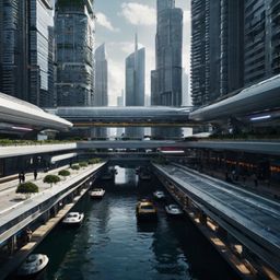 Imagine a city of the future, where towering skyscrapers are seamlessly connected by advanced public transportation systems. 