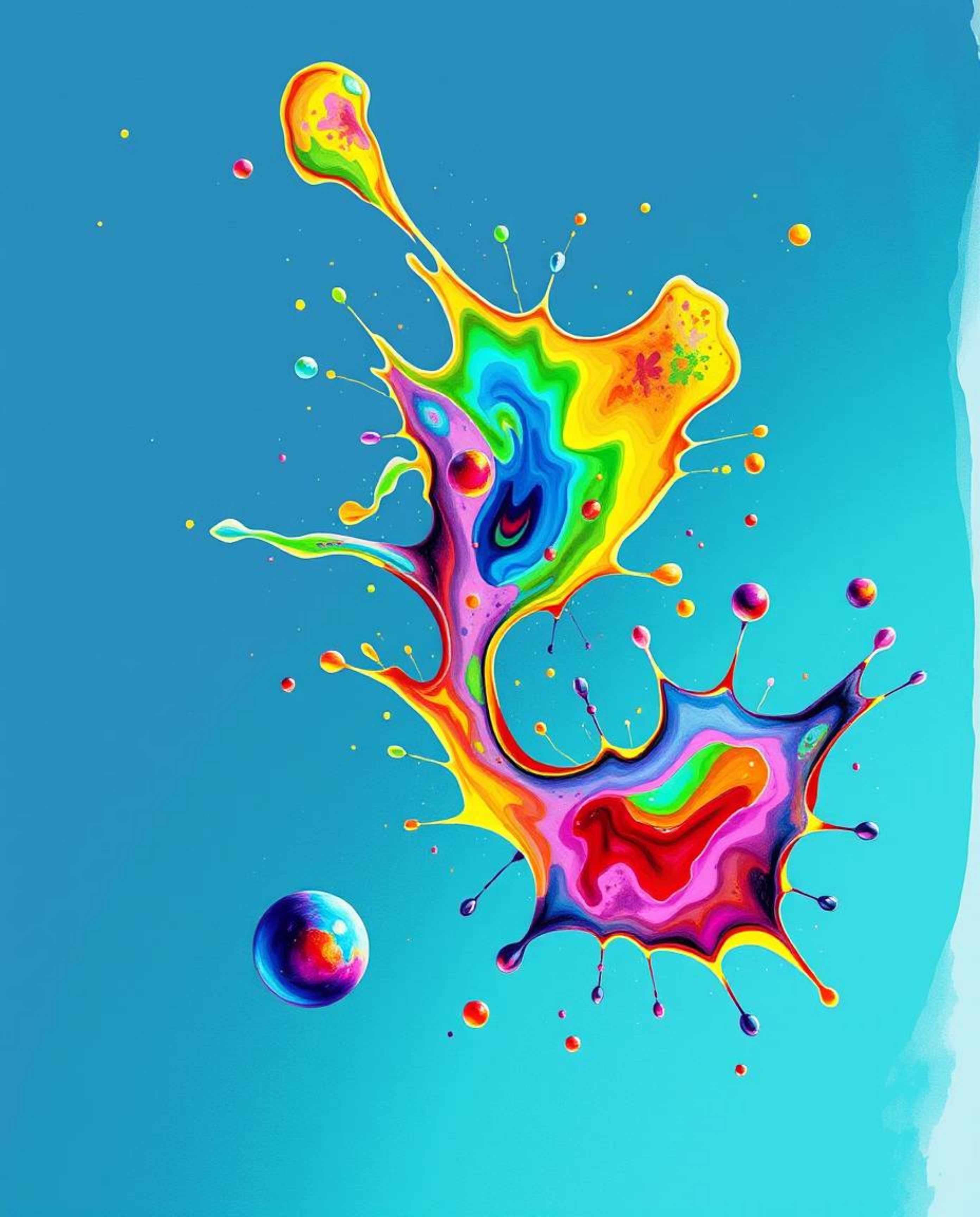 Discover stunning hand-drawn, bioluminescent art featuring vibrant teal and deep colors.  Abstract 3D splash shapes float in 