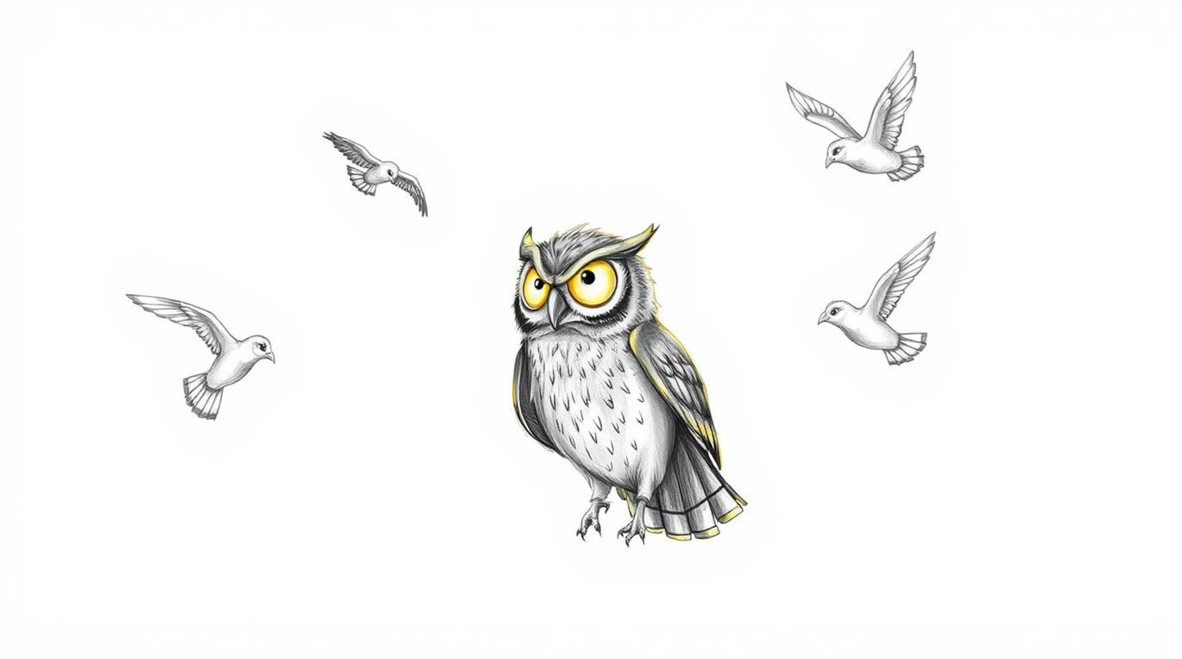 A captivating hand-drawn sketch in the style of Pixar depicts a blind owl with feathers radiating light in a sunbeam. This r