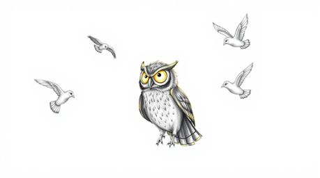A captivating hand-drawn sketch in the style of Pixar depicts a blind owl with feathers radiating light in a sunbeam.  This r