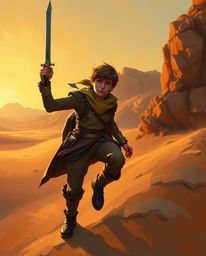 A classic oil painting depicting a brave, Disney-style hero embarking on a desert adventure bathed in the warm, golden hour l