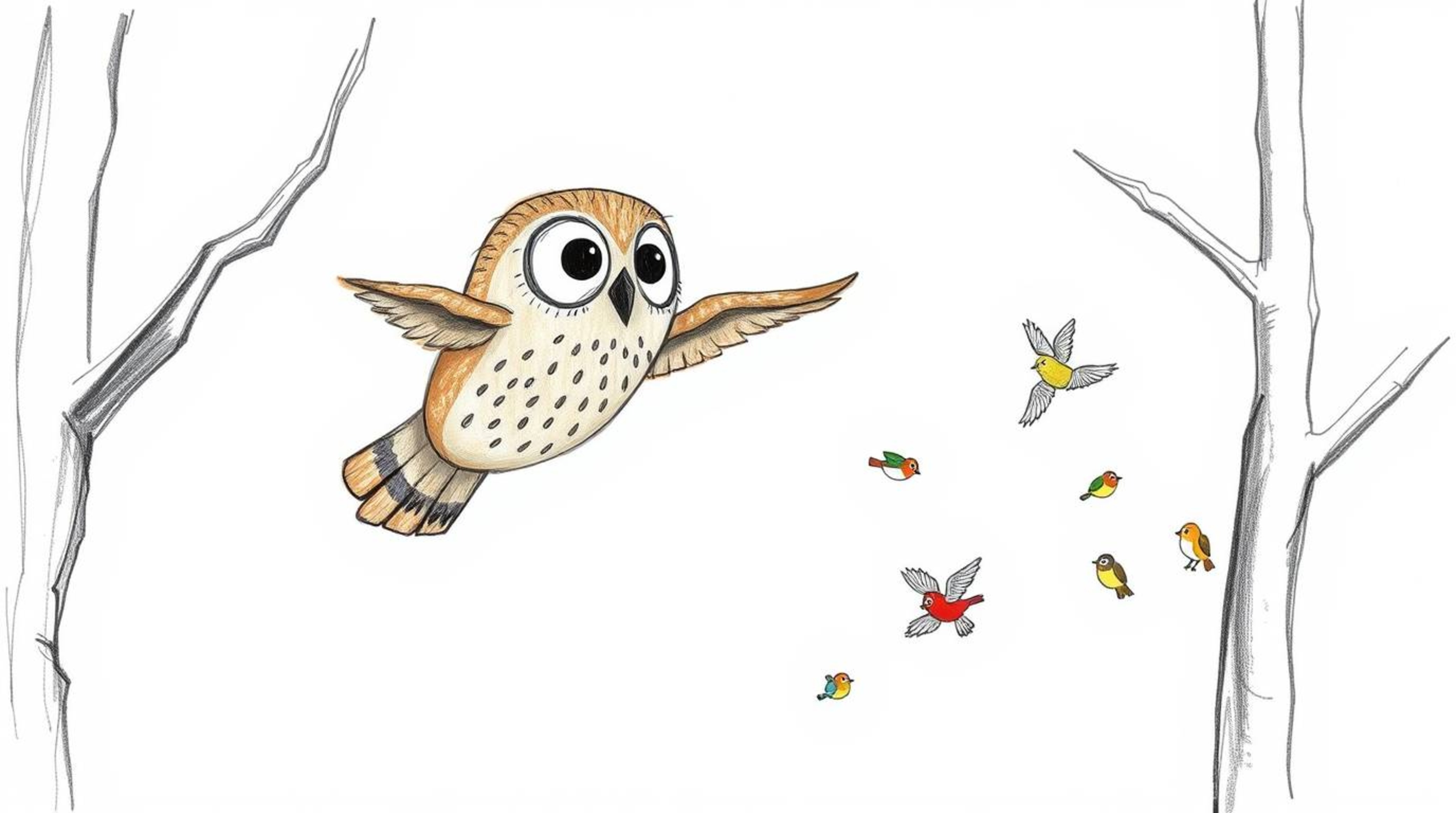 A heartwarming hand-drawn sketch, reminiscent of Pixar's style, captures a blind owl gracefully gliding between trees while t