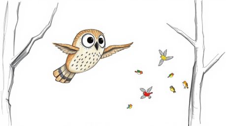 A heartwarming hand-drawn sketch, reminiscent of Pixar's style, captures a blind owl gracefully gliding between trees while t