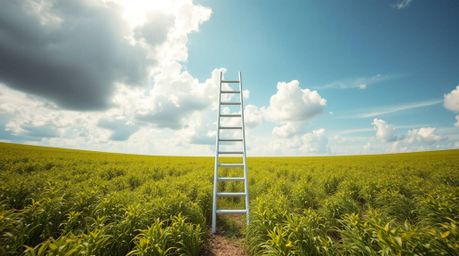 An adorable, cute, dreamlike surreal image featuring a silver ladder standing in an open field beneath a wide, cloudy sky. Th