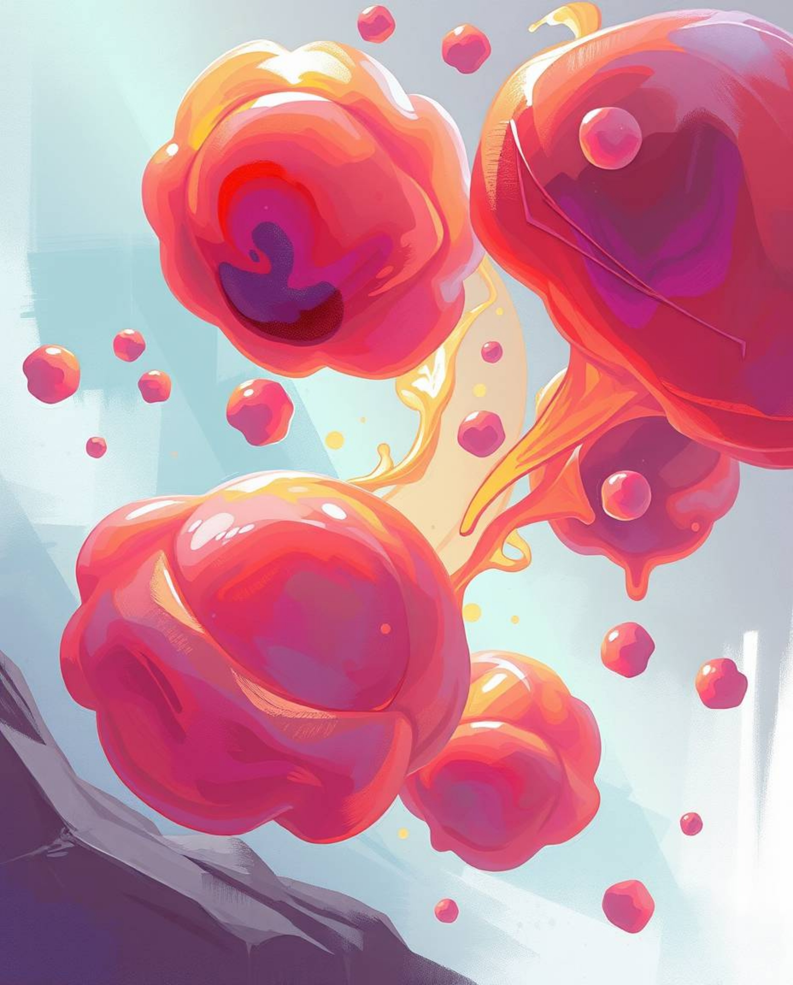This dynamic digital sketch features loosely painted strokes depicting floating 3D blobs of vibrant fluid jelly with syntheti