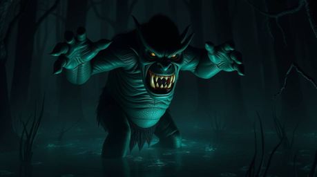 A high-resolution stock photo depicting an eerie ogre with sharp teeth and glowing eyes dancing in a dark swamp.  The image f